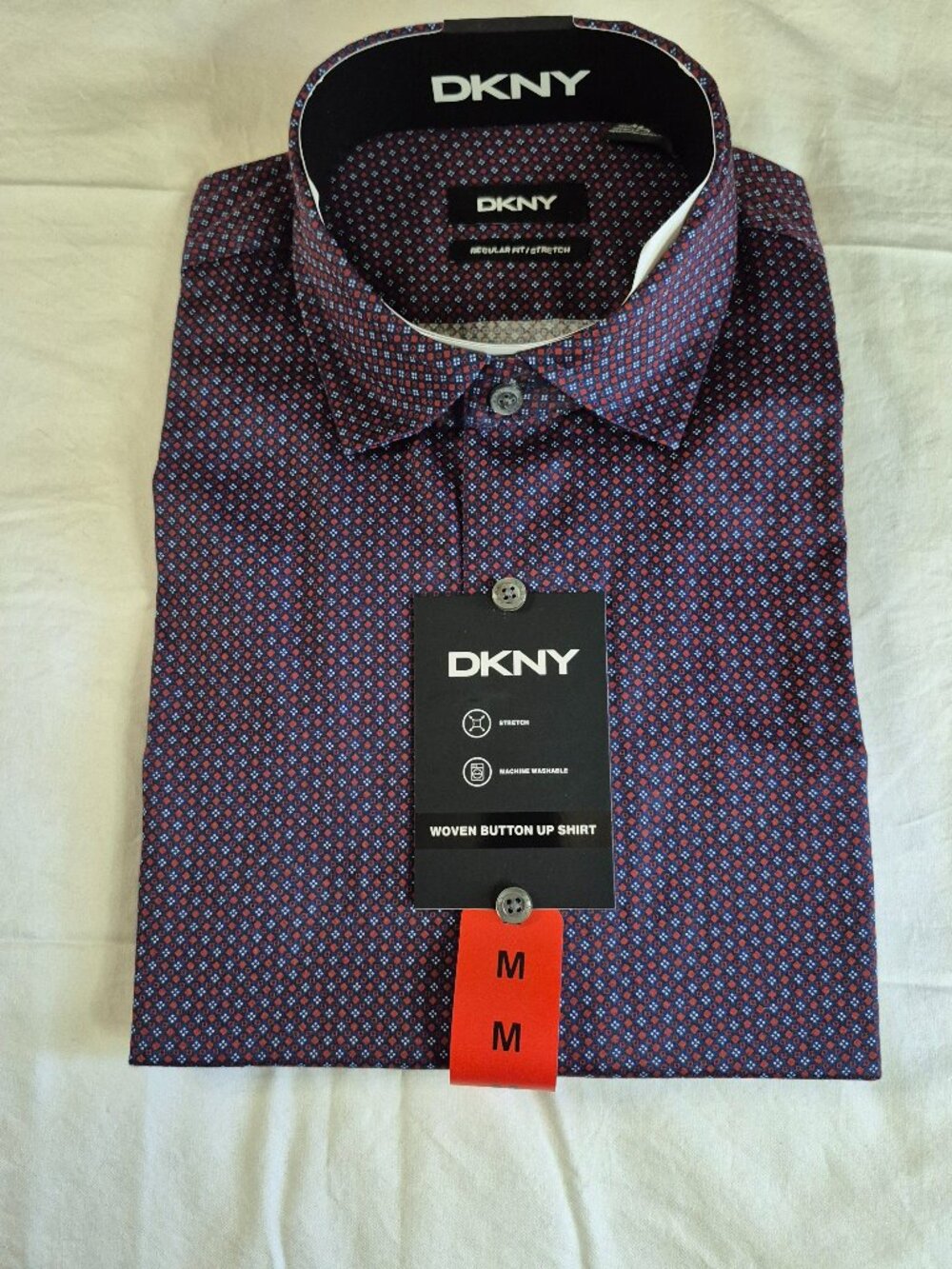 DKNY Men's Woven Button-Up Shirt Geometric Print, Size M, Red, New With Tag